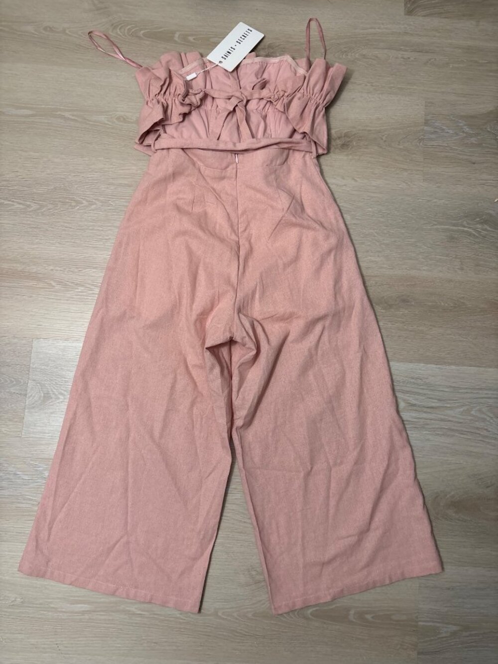 NEW Saints + Secrets Linen Wide-Leg Crop Jumpsuit Ruffle Strapless Blush Small - Picture 7 of 12